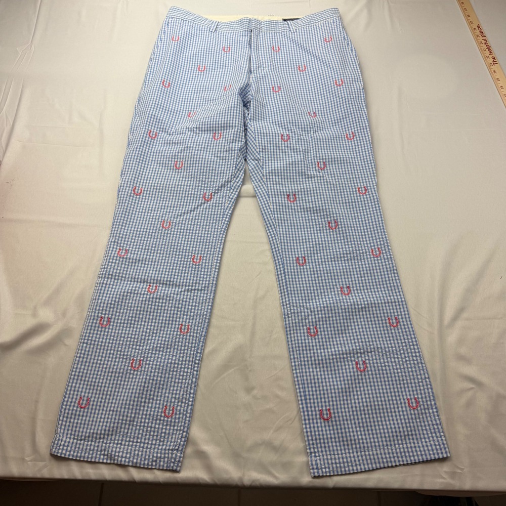 Vineyard Vines Breakers Pant Mens 36x32 Blue Seersucker Kentucky Derby Horseshoe